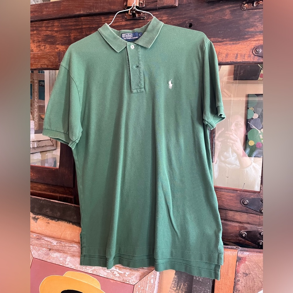 Polo by Ralph Lauren, Collared shirt. Ladies size large. Faded dark green.